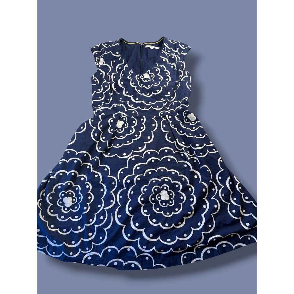 Boden Navy White Floral Cotton Fit & Flare Dress US 10R - Picture 2 of 12